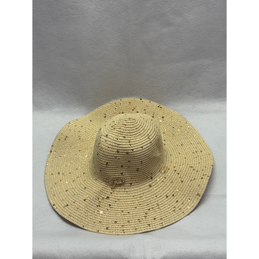 Juicy Couture Gold Sequin Straw Sun Hat Wide Brim Tan Summer Beach One Size